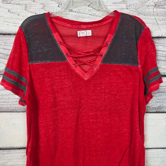 Maurices 24/7 XL Red Lace Up Burnout Short Sleeve Tee - Picture 2 of 5